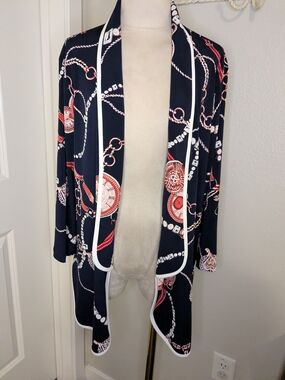 Frank Lyman Design Open Front Top Pocket Watch Clock Print Blue Red SZ 10